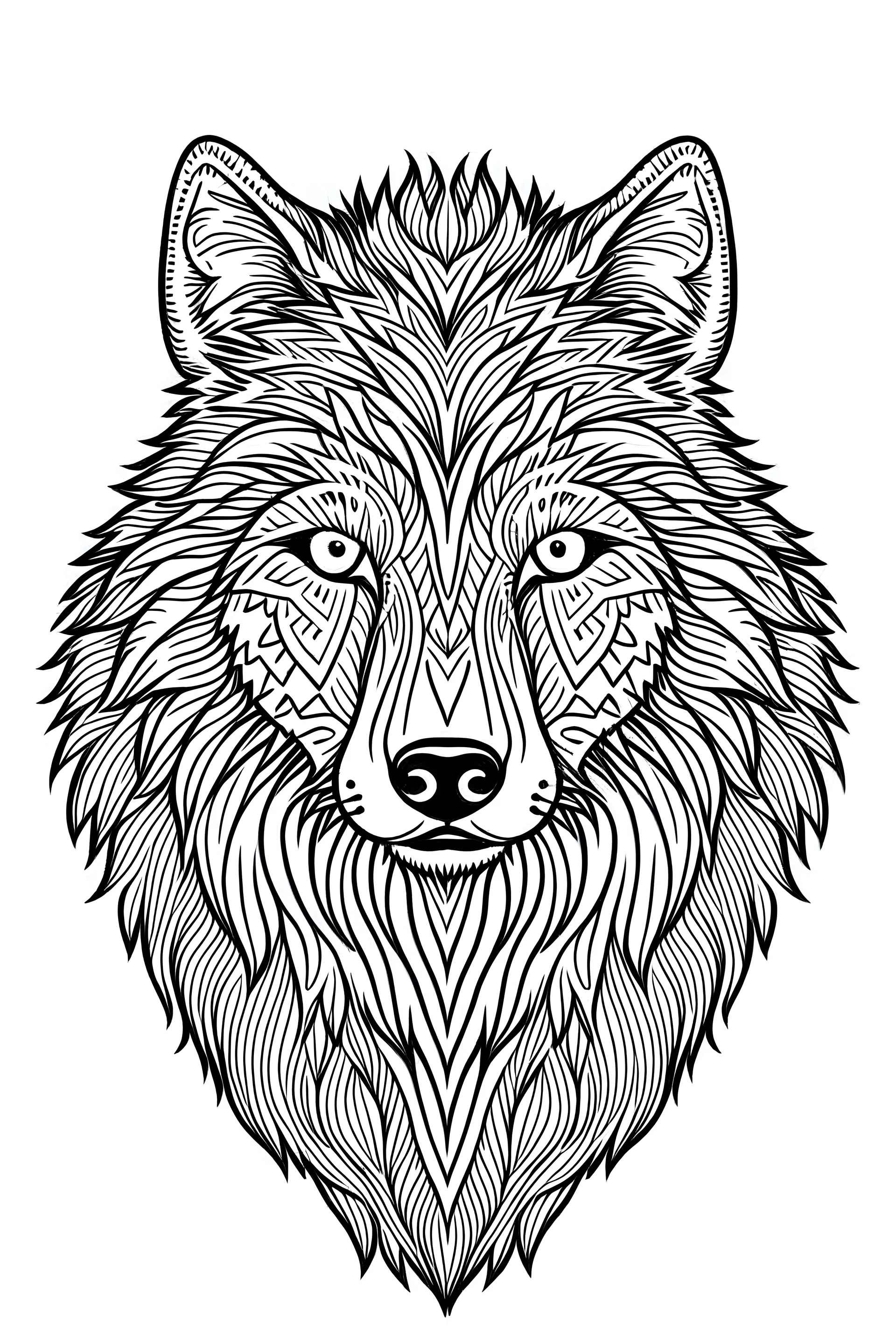 a Wolf. centred flat minimalistic black and white high contrast line drawing, coloring book style, {prompt}, (white sky, white clouds,mandala style, white hair, white objects, white clothing, white fur, white skin, white terrain, white scales), blank white background.