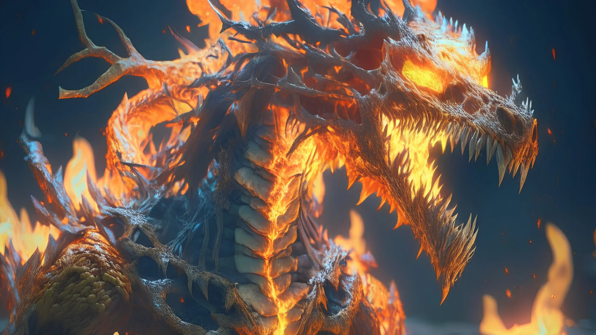 Giant horrific zombie dragon made of bones and fire, covered with glowing orange slime, photorealistic, unreal engine 5, masterpiece, trending on artstation, sharp focus