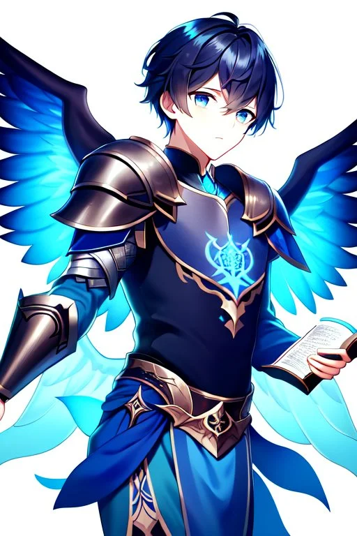 a person in runic armor with blue wings, blue short hair, runic tattoo and spell book, male