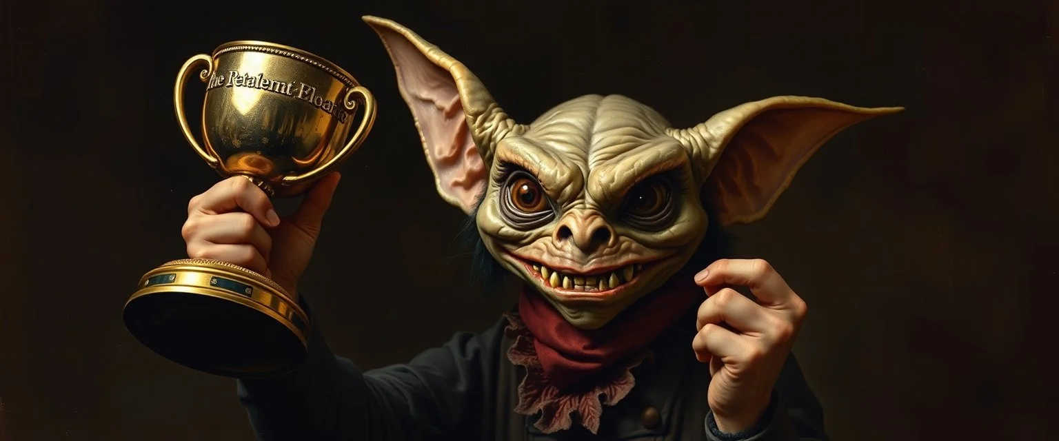 gremlin eye tyrant beholder guy holding up the most retarded trophy, painted by Rembrandt