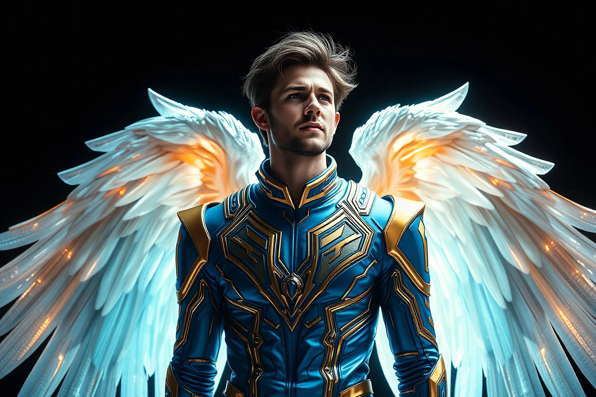 a photorealistic man angel, octane render, cinematic, futuristic outfit blue and gold, trasparent wings