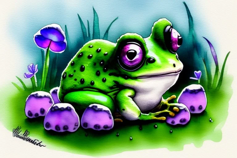 3D close-up of a very cute fluffy plushy chibi plush frog hiding from the rain under a spotted mushroom, puddles in front, grass and violets next to him, 3d effect melting watercolour on wet inked paper, black ink outline in sunshine, ethereal, cinematic postprocessing