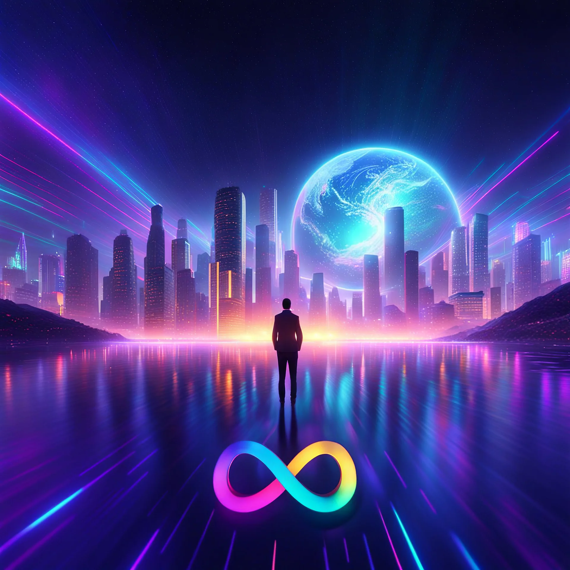 3D infinity symbol ∞, infinity figure-of-eight symbol is totally-symmetrical and brightly coloured, man silhouette facing epic scene of building, glowing earth, water, network and lights, exotic, inspiring, fantasy, neon, friendly, beautiful, octane render, 8k post-production, artstation: award-winning: atmospheric: commanding: fantastical: clarity: 16k: ultra quality: striking: brilliance: liquid medium: stunning colors: amazing depth; lens: f/8, 28mm