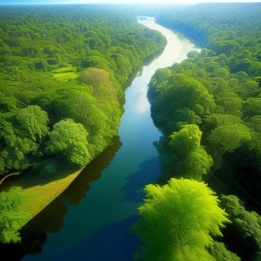 aerial view of a wide river in the jungle, perfect composition, beautiful detailed intricate insanely detailed octane render trending on artstation, 8 k artistic photography, photorealistic concept art, soft natural volumetric cinematic perfect light, chiaroscuro, award - winning photograph, masterpiece, oil on canvas, raphael, caravaggio, greg rutkowski, beeple, beksinski, giger