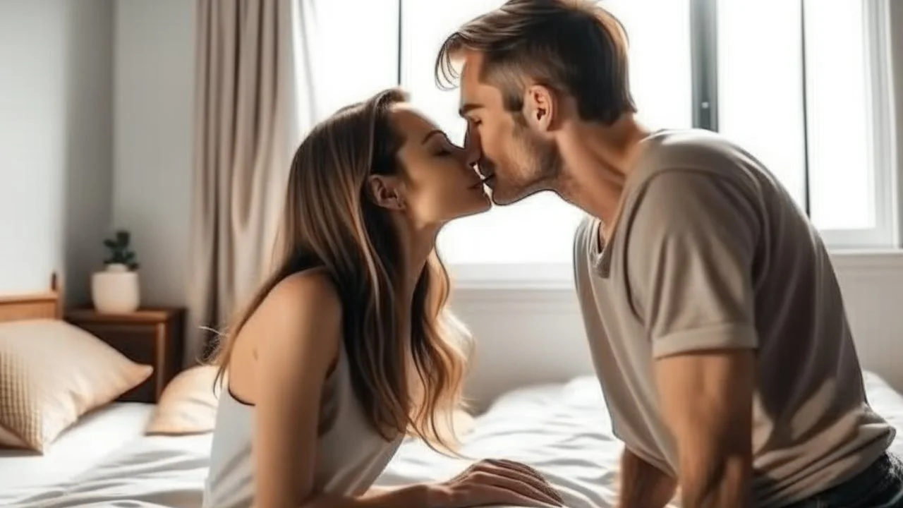 Couple in love kissing on the bedroom at home. Loving boyfriend and girlfriend sharing love together.