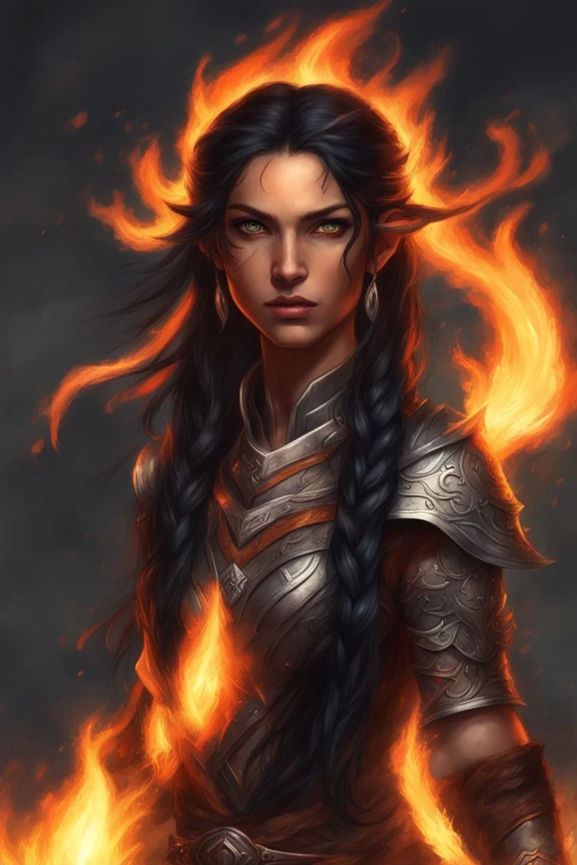 Imagine a powerful eladrin druid with striking black hair. Her eyes glow like intense fire as she effortlessly conjures flames with her hands. Long hair, half braided and cascading, appears ablaze, emitting fire. Clad in light armor, she relies on magic and fire, bearing a significant scar on her face. Tanned skin complements her commanding presence, while a fiery crown-like adornment graces her black hair.