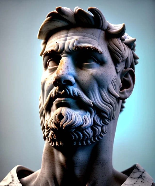 Ultra Realistic image, roman sculpture, marble deluxe material, Lionel Messi, olimpic Laurel crown, miguel angel style, chisel style, emperador, waist up portrait, cinematic lighting, God light, god rays, 4k resolution, smooth details, ornate details, soft lighting, unreal engine 5, sky background.