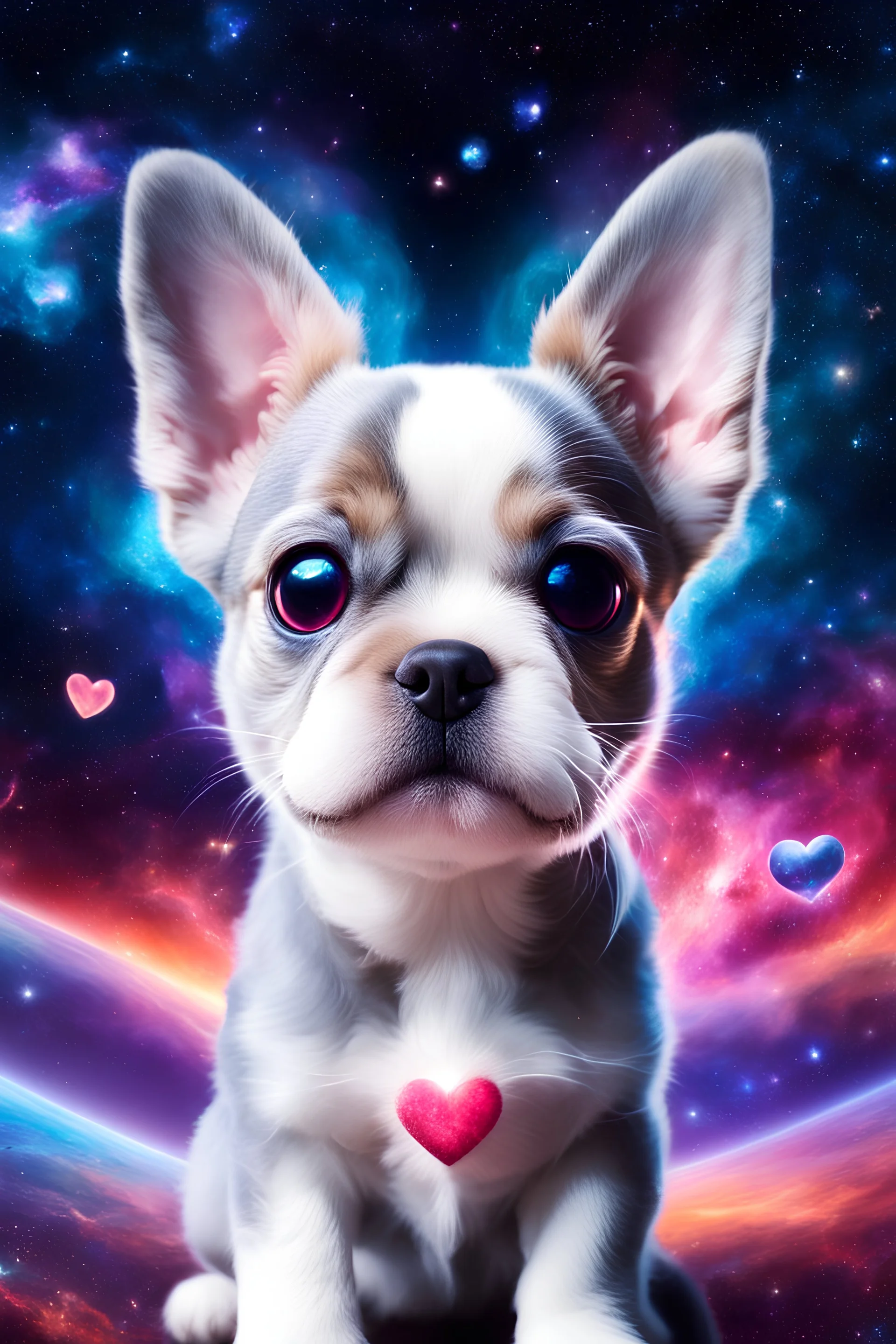 large eyed happy puppy grey frenchton in the distance a colorful intricate HEART shaped planet similar to earth in a brig ażht nebula, sparkles, cinematic lighting, vast distances, swirl, fairies, magical darkness, sharp, depth, jellyfish, cinematic eye view