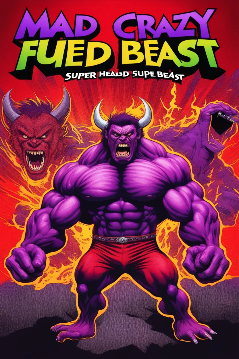 mad crazy wild super head fuked title with movie poster title:Austin super beast, monster full body muscles more angry and more 90s style, angry fast, extreme, wild, so so angry, tough sexy red and purple background with 90s style slashes