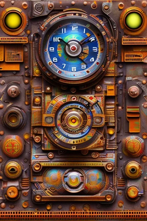 futuristic pinhole camera in Kente, rusted clocks lens, cinematic, scaffolding, african pattern symbols, engraved, 8k quality