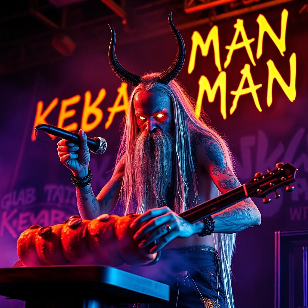 a very thin swedish viking man, evil with very long blonde hair (2 meter), (fat glowing eyes), he is called "KEBAB MAN" performing at death metal club, his name is "KEBAB MAN" kebab rolls On stage, kebab Neon lights and smog, and "KEBAB MAN" big sign on the wall, kebab tribal tattooes, spinning kebab machines, flames and smoke, chaos, he using gasolin and pour it on the kebab on the stage, to give someone/something the middle finger.