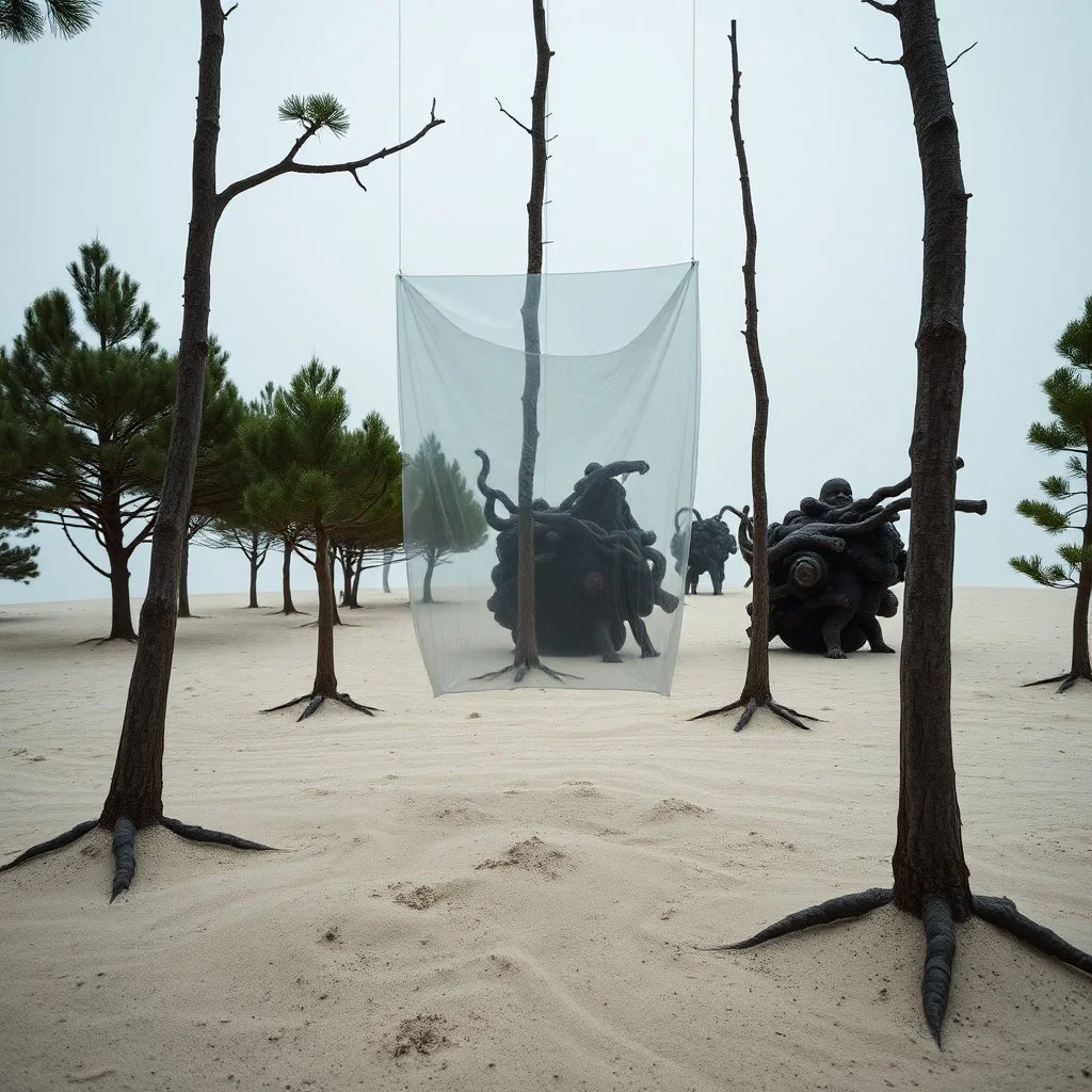 Fotografia di una scena surreale e concettuale, un'installazione. Alberi. Al centro si vede un elemento trasparente, simile a plastica sospesa. La superficie sottostante è sabbiosa, con piccole dune o accumuli di sabbia. Sullo sfondo si intravedono altre forme o strutture, alcune delle quali scure e dall'aspetto organico, hasselblad h6d400c, molto nitido, scarsamente illuminato, forte senso di ambiguità, abeti