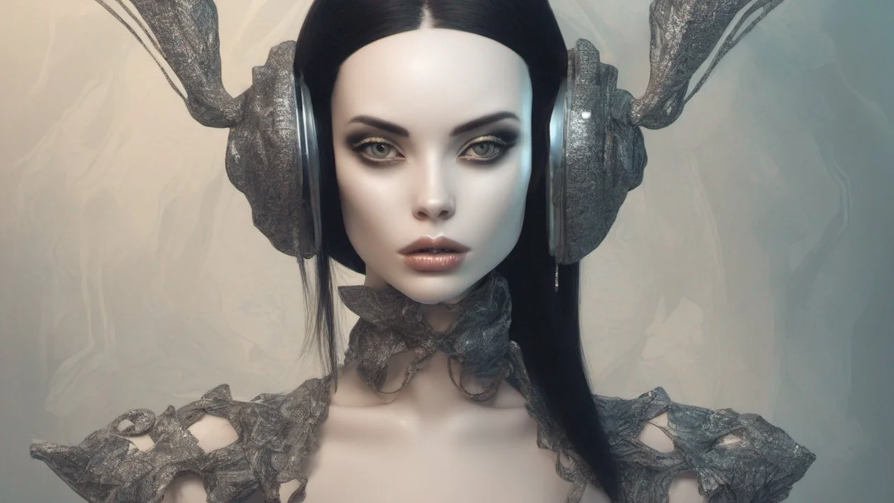 pale alien woman wearing exotic clothing. Black hair bob