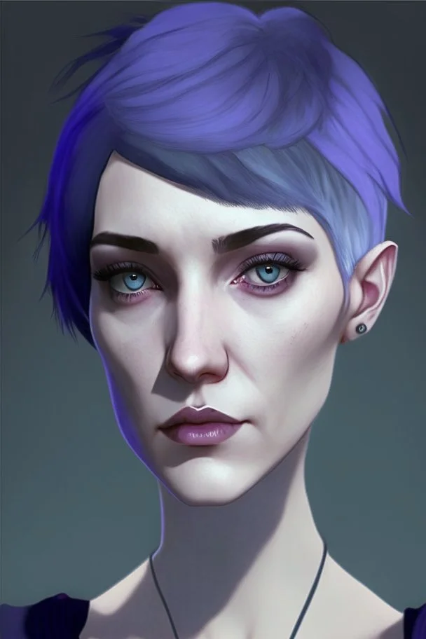 Realistic woman with pale skin, big grey eyes, blue and purple short hair, angular facial features, prominent collarbones, black clothing