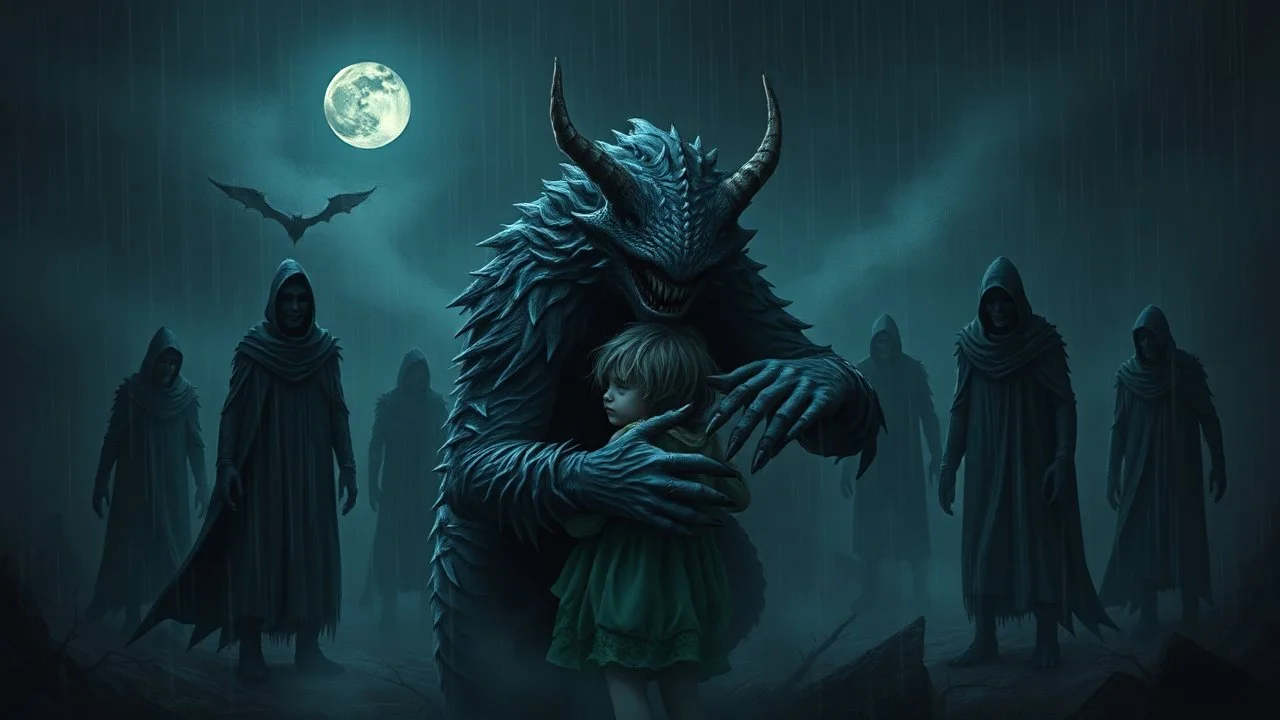 gentle, protective monster protects and hugs the alone sad child against bad tall dark evil people, random background random, deep dark color, , moon, mist, rain, highly detailed, weird , surreal dark fantasy mood