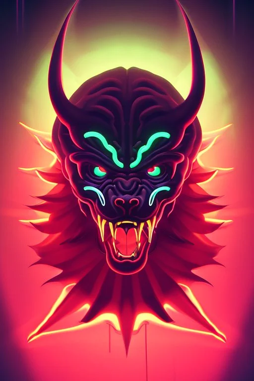 fanged demon,neon color scheme, high key lighting, volumetric light high details psychedelic background