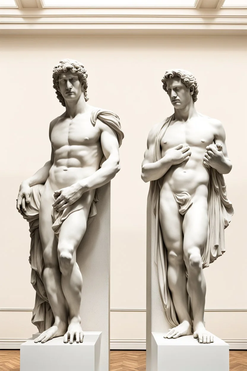 in a modern art display, two famous statues are next to each other, one is David and the other is the Discobulus statue. The discobulus hand covers the private part of David, they both look disgusted at each other