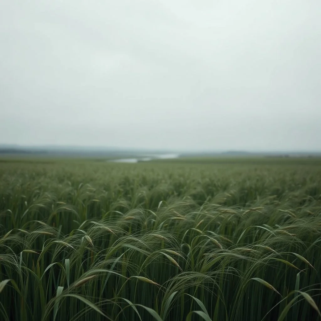 Melancholic, ultra-realistic photograph of a vast field swaying gently in the wind, delicate green stalks moving like waves, soft light of a cloudy sky, subtle haze in the distance, a lonely river glimmers faintly between the fields, atmosphere of quiet sadness and timeless beauty, cinematic, hyper-detailed, emotional and mesmerizing