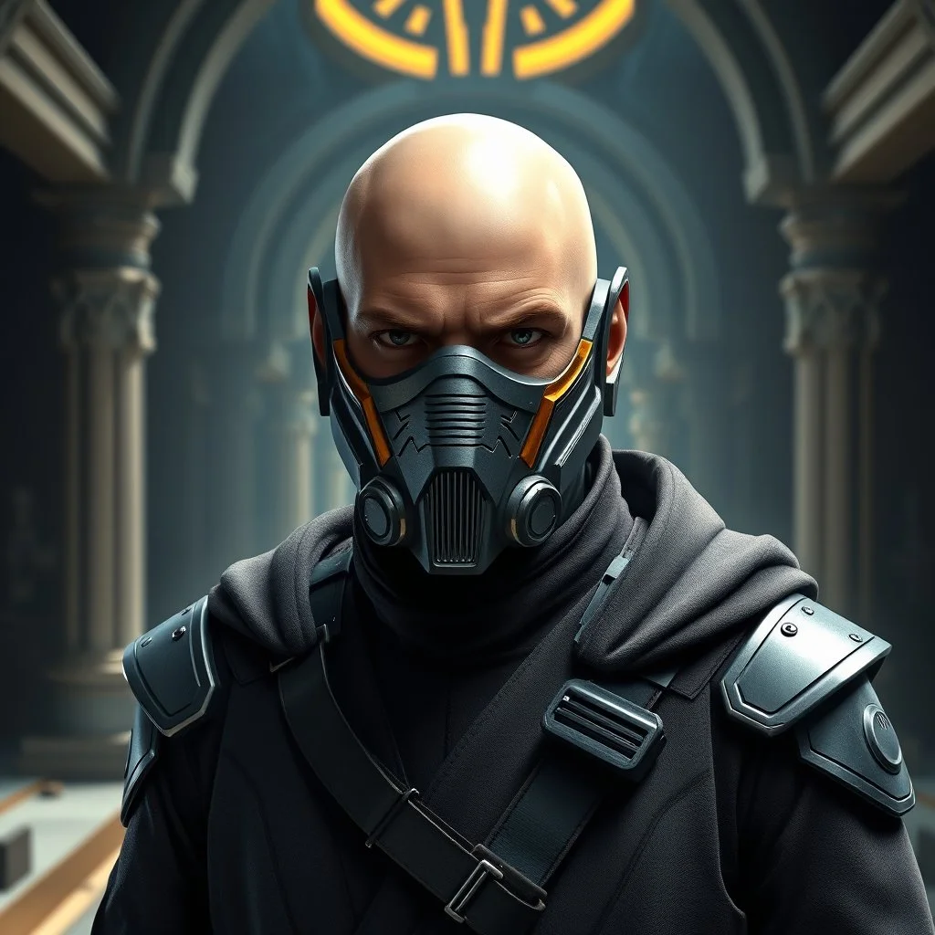 star wars bald male corellian jedi wearing gunmetal grey and black old republic armored flightsuit and breath mask with gold and metallic red trim inside the jedi temple, centered head and shoulders portrait, hyperdetailed, dynamic lighting, hyperdetailed background, 8k resolution, volumetric lighting, light skin, fully symmetric details