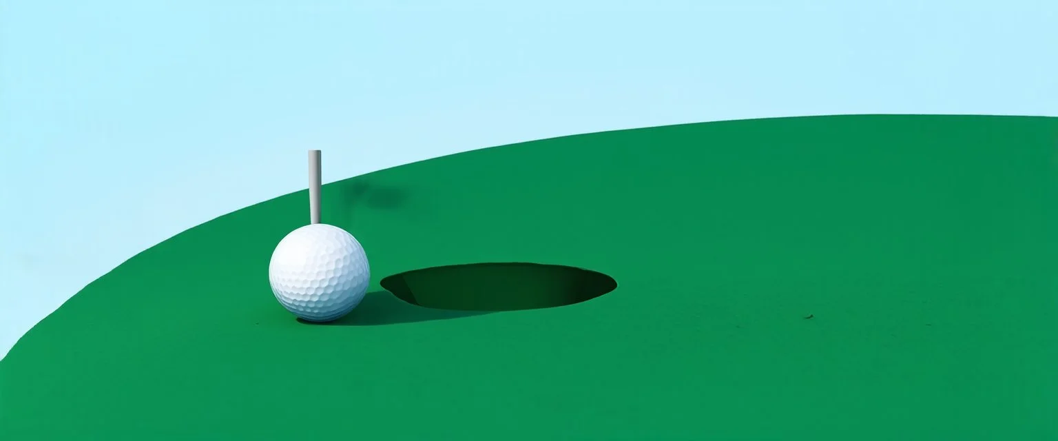 golf ball with shadow next to golf hole, golf green grass, short green grass, clear blue sky, add textures, photo realism