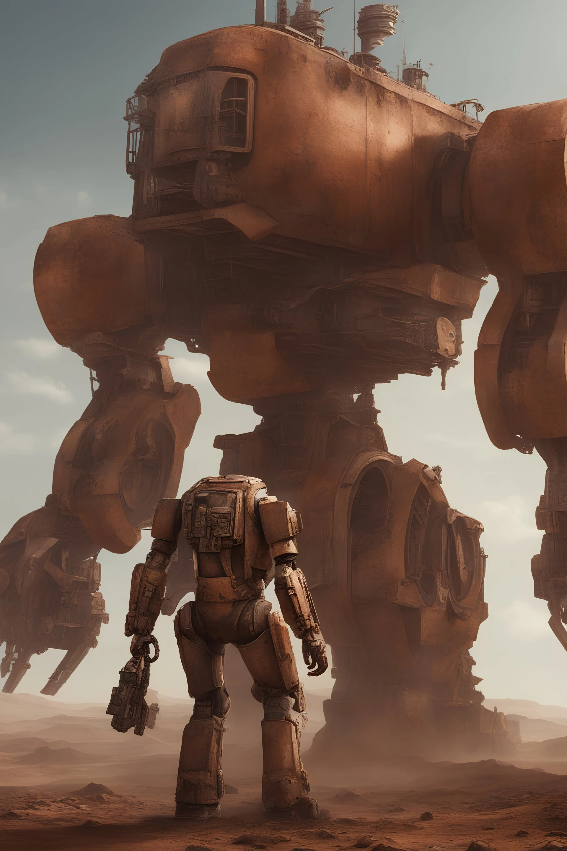 anthropomorphic giant rusty industrial mech, gauss gun in hand, mars, realistic, low gravity