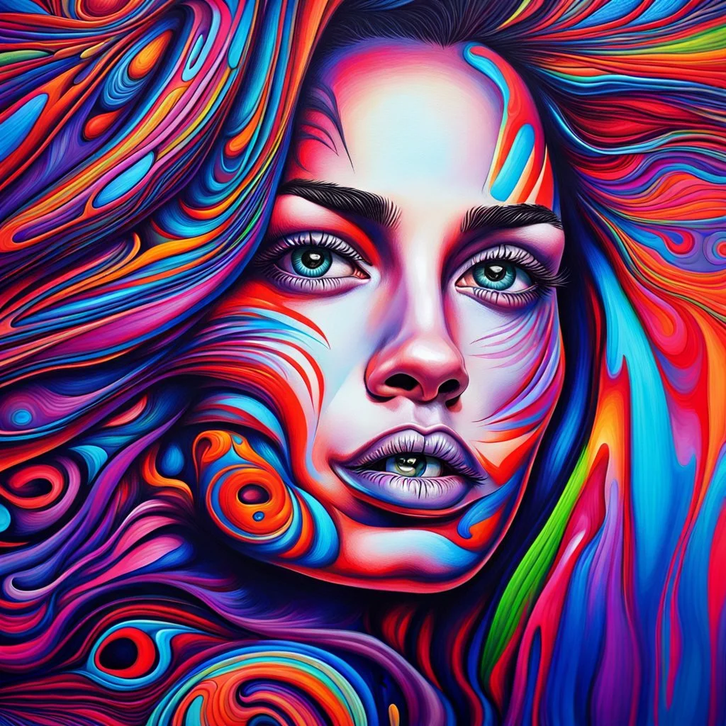 a painting of a woman's face with a colorful background, an ultrafine detailed painting by ESAO, behance contest winner, psychedelic art, airbrush art, detailed painting, behance hd