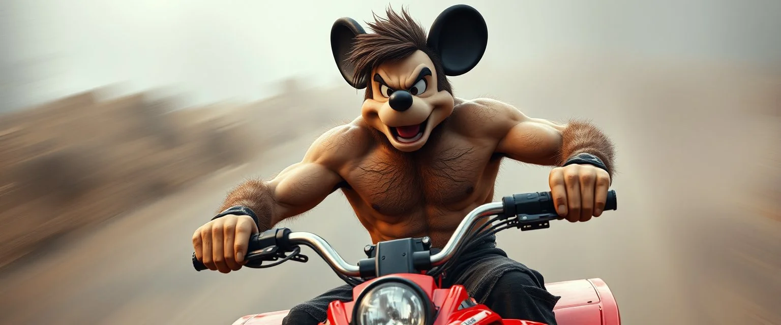 hi speed bad ass cyber punk masculine realistic mickey mouse rambo humanoid with hairy arms and chest, on quad, motion blurred background
