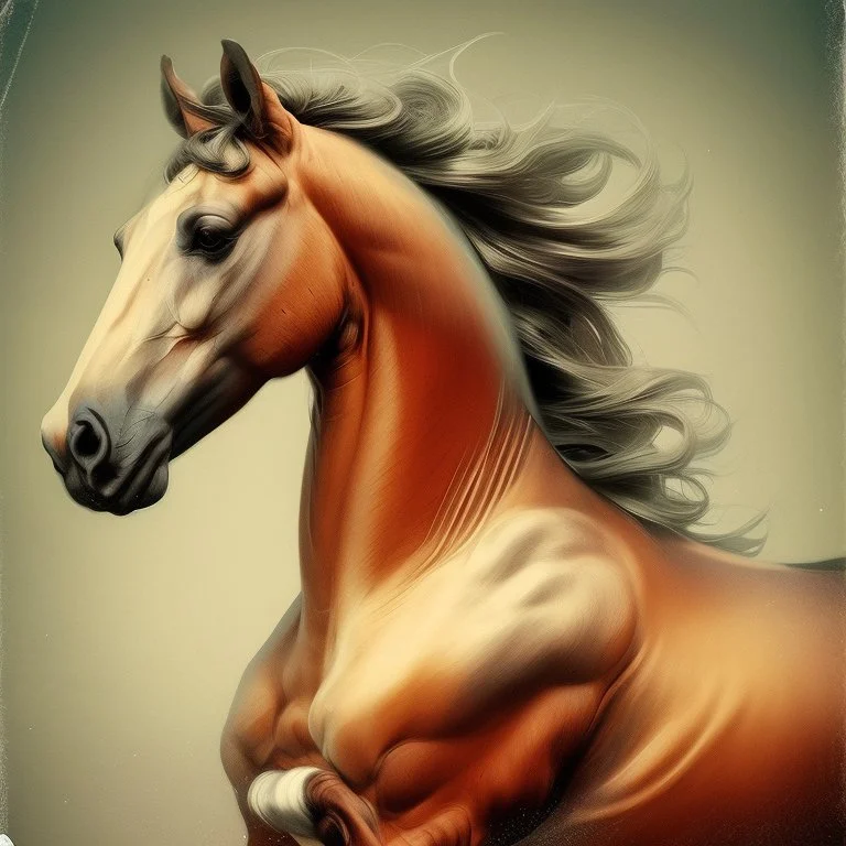 PROMPT: Young stallion in motion, captured in a modern vintage photography style. The image blends necronomic-inspired illustrations with a tabletop photography approach, reminiscent of the 1890s. Hyper-realistic animal portraiture is combined with a ghostly aura and subtle, buzzing details.