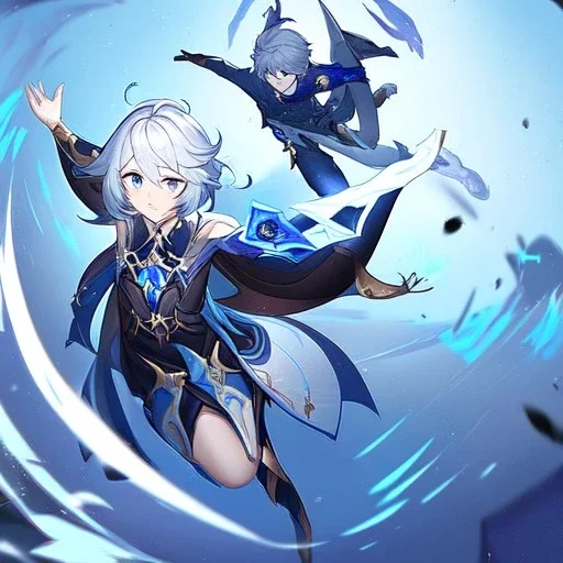 Genshin woman, Clear Focus High resolution, Calm Background, Light skinned woman, Black long beatiful hair, Dark blue sparkling eyes, Very Beatiful Face, Splash art, Battle Scene Epic, Jumping Pose