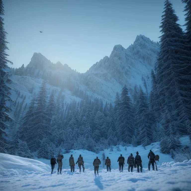 Five people hunting in a snowy forest, horror syle, mountain hut in the background, Alps, night, 8k, HD, cinematography, photorealistic, Cinematic, Color Grading, Ultra-Wide Angle, Depth of Field, hyper-detailed, beautifully color-coded, intricate details, beautifully color graded, Cinematic, Color Grading, Editorial Photography, Depth of Field, DOF, Tilt Blur, White Balance, 32k, Super-Resolution, Megapixel, ProPhoto RGB, VR, Halfrear Lighting, Backlight, Natural Lighti