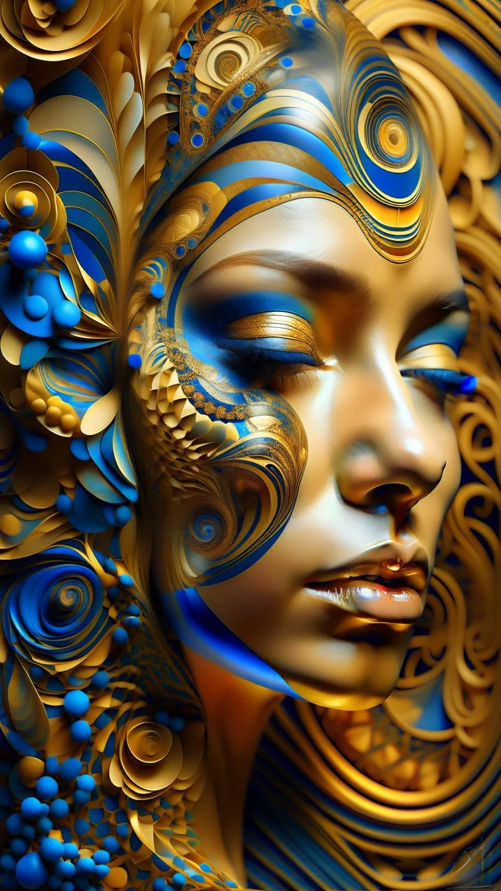 A digital artwork of women face adorned with her babe intricate patterns and designs. The figure's face is covered in swirling lines, circles, and other abstract patterns in hues of mocha, navy and gold.The background is a colorful glass , with abstract patterns that complement the figure's design. The overall ambiance of the image is dreamy and surreal.