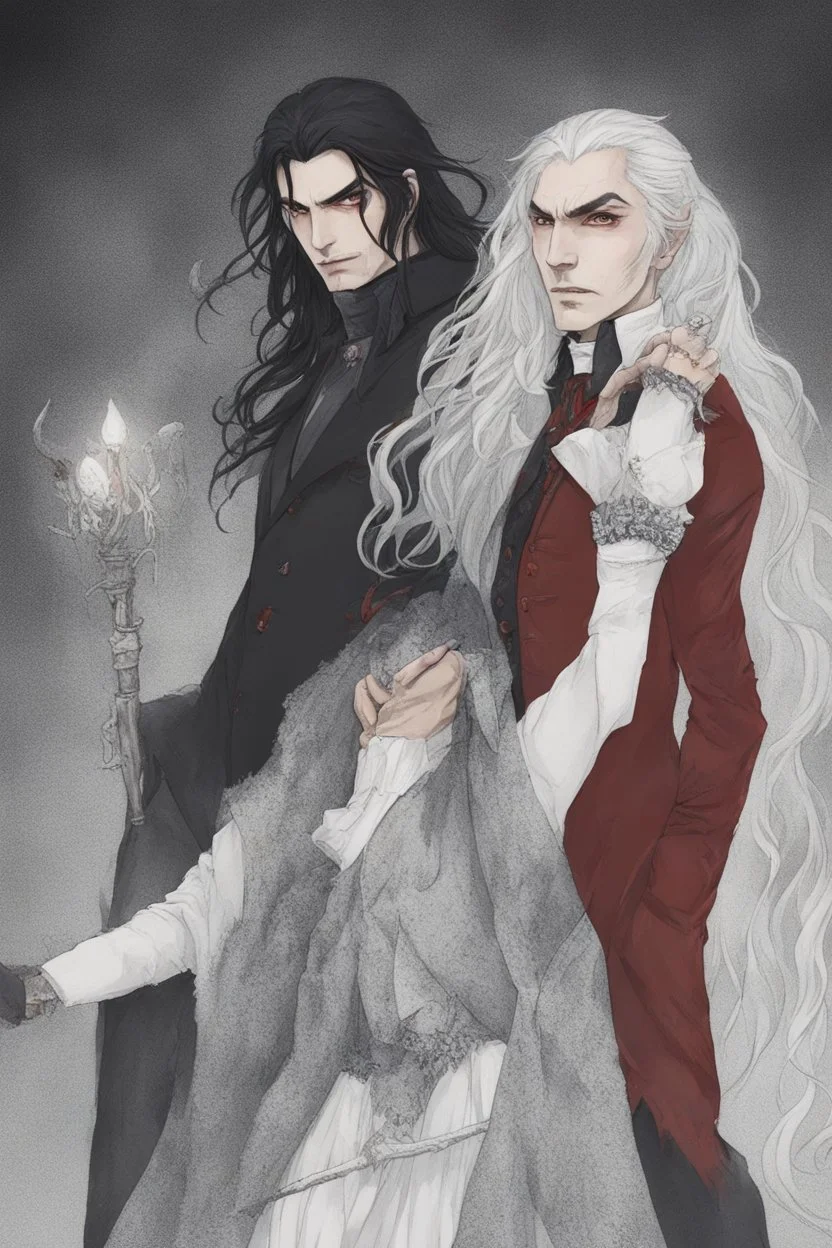 Vampire count Strahd Von Zarovich has long black hair and red eyes, with a woman with white hair