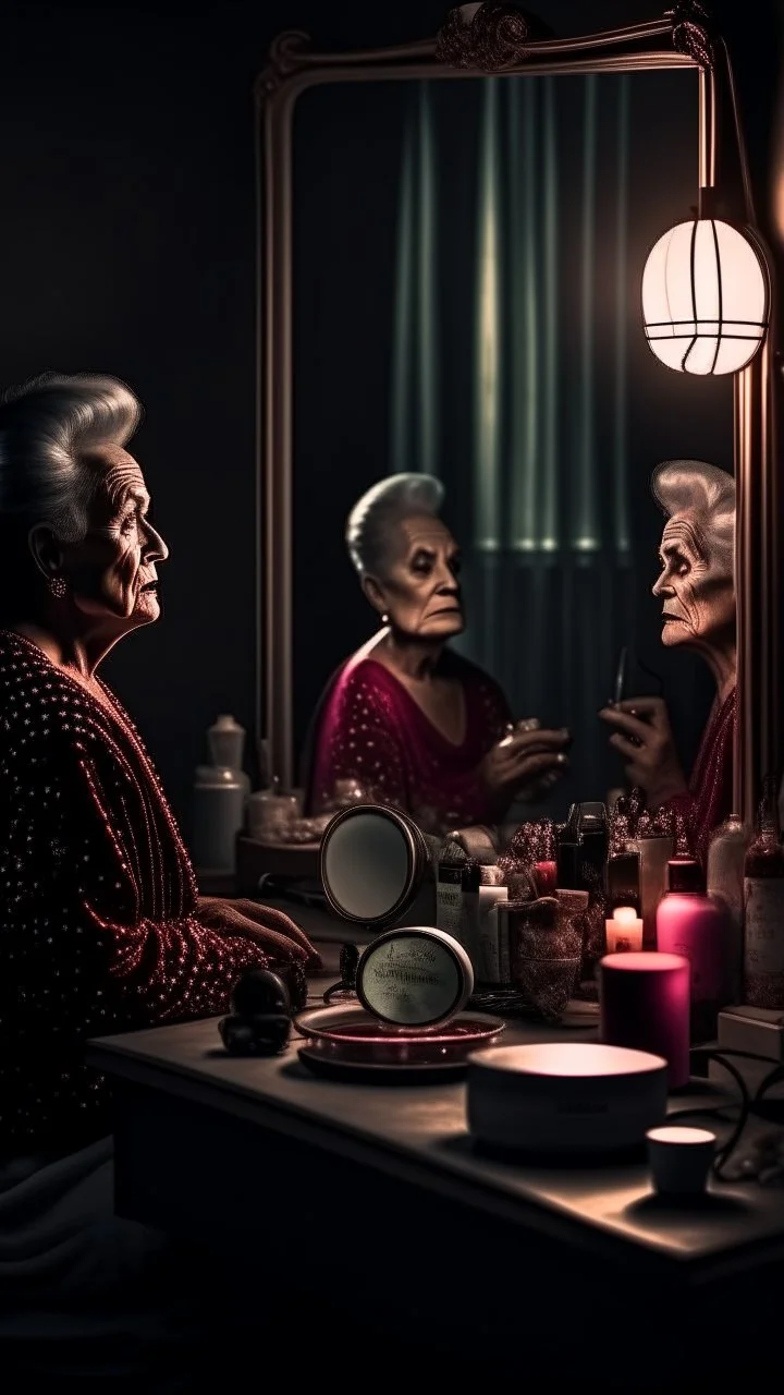 Women old. Makeup. Table with a mirror on it a lot of women makeup products , in front of the mirror sitting an old ugly woman her face is reflected on the mirror in dark misty room with dim light