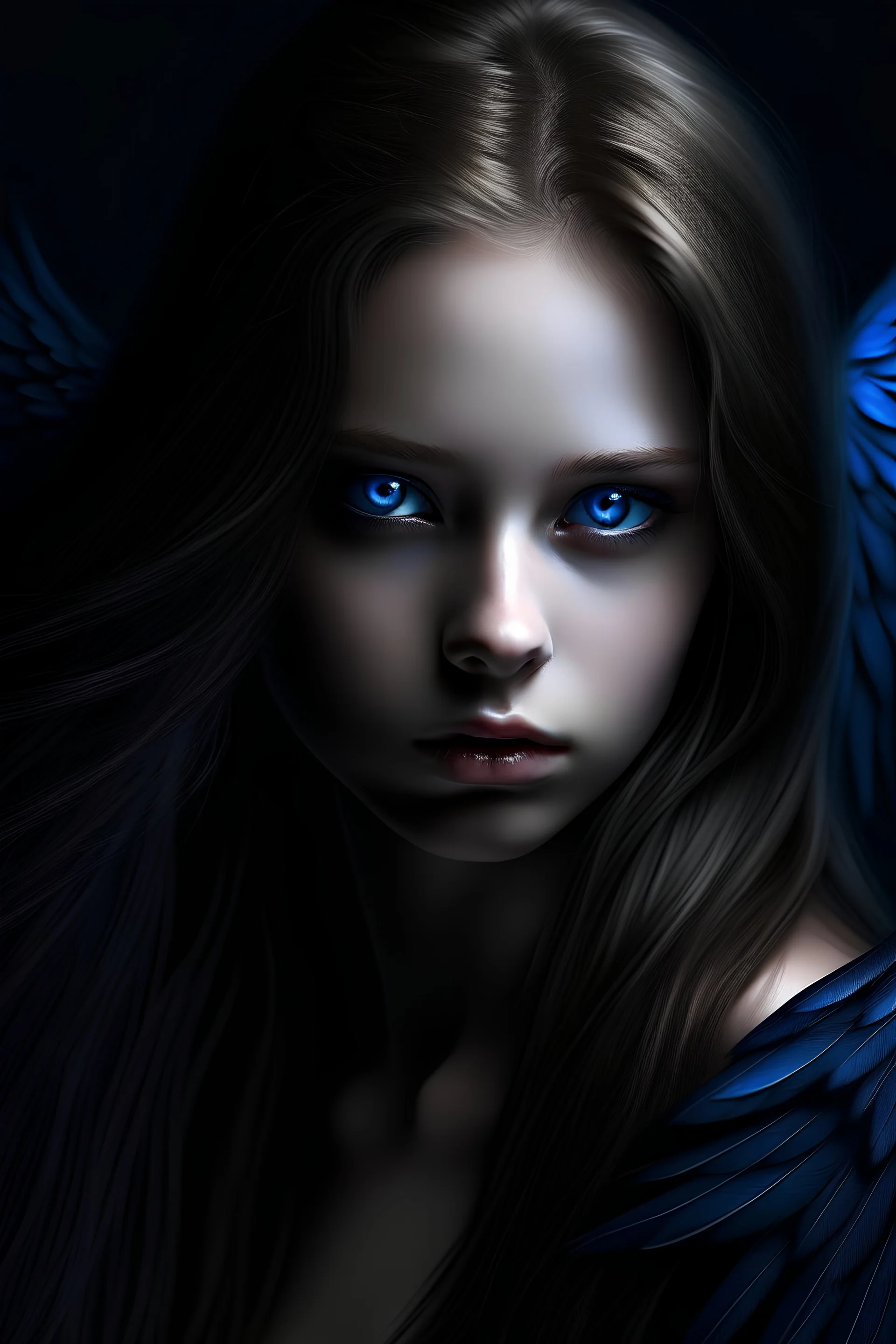 dark angel with blue eyes and long hair