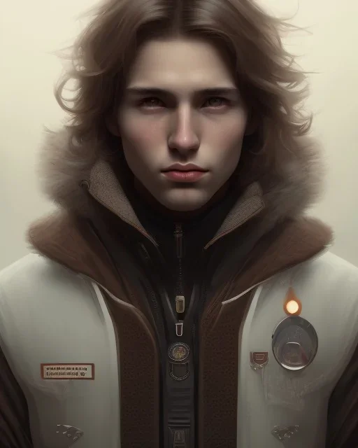  boy, cute, young, brown hair, brown eyes, medium hair, head and shoulders portrait, head and shoulders portrait, 8k resolution concept art portrait by Greg Rutkowski,