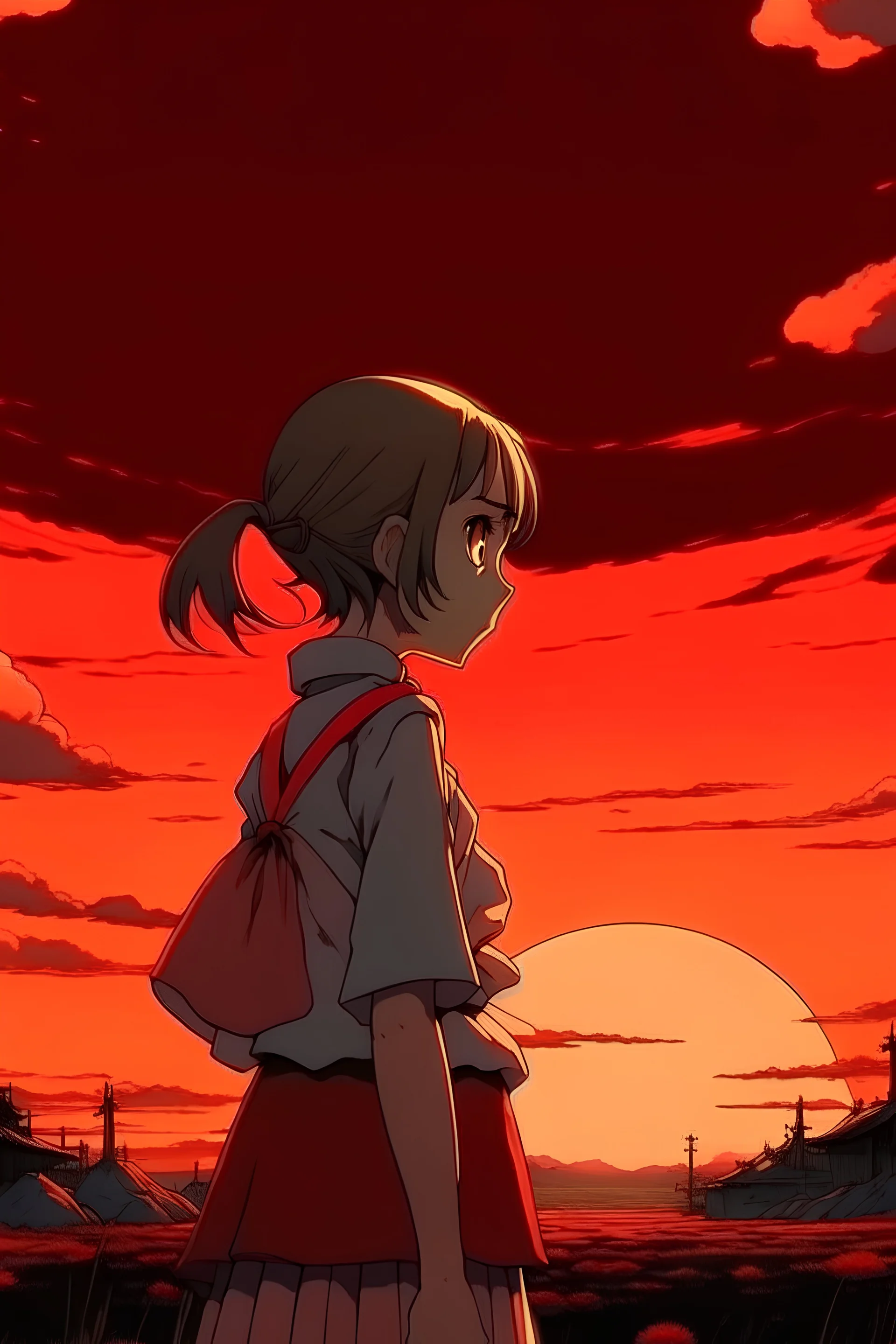 War victim girl anime Ghibli Facing back Red sky Middle point of view