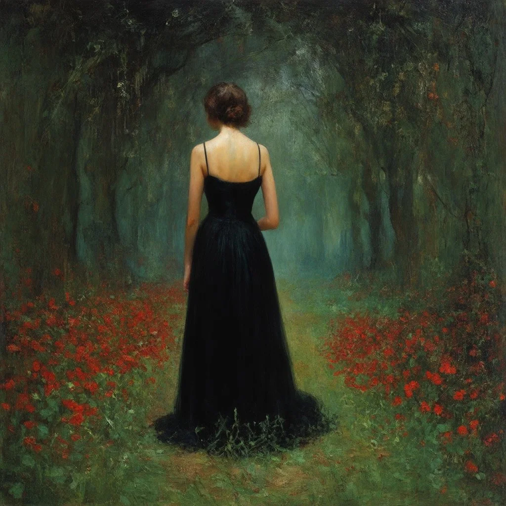 Night, one woman in black dress from behind, forest, red flowers, vegetations, creepy, gloomy, lgothic dark influence, oscar bjorck paintings, and carl bloch paintings