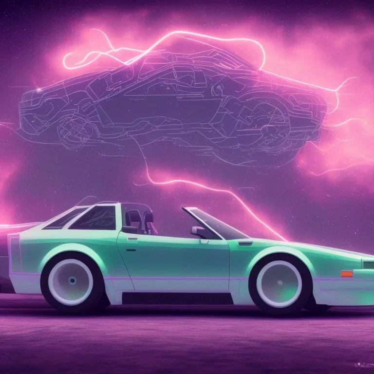 1980's aesthetic vaporwave sports car glowing in a dark field at night