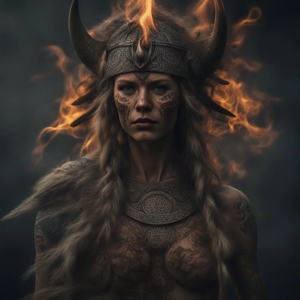 Behold the powerful alluring and pretty Viking shaman woman, her body adorned with mystical tattoos, swaying to the rhythm of the flames. intricate details, HDR, beautifully shot, hyperrealistic, sharp focus, 64 megapixels, perfect composition, high contrast, cinematic, atmospheric, moody