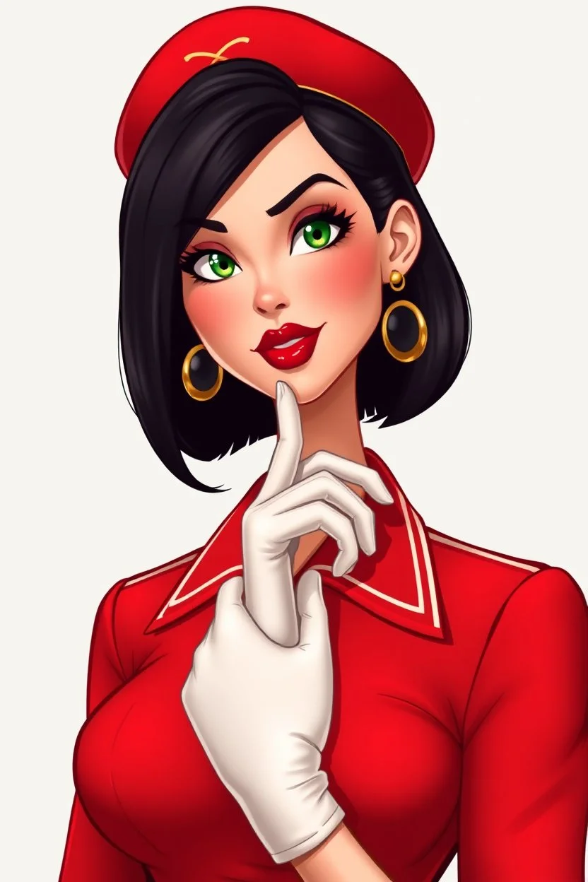 realistic cartoon style image of very feminine, black haired 50 year old sexy German stewardess in red uniform and cap with short pixie cut and strong, seductive makeup, smoky green eyes, shiny white leather gloves, big thick pouty bright red lips and large golden earrings who looks like Jeanna Fine