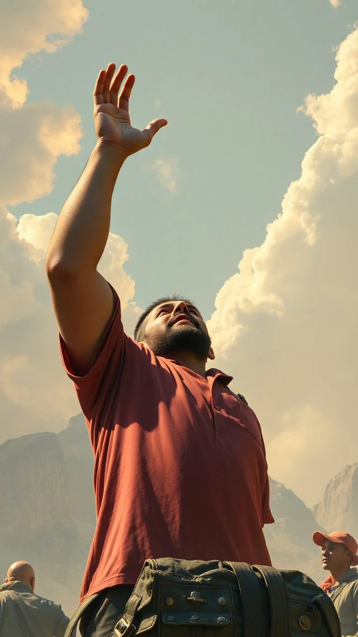 A giant man letting a bid above his head