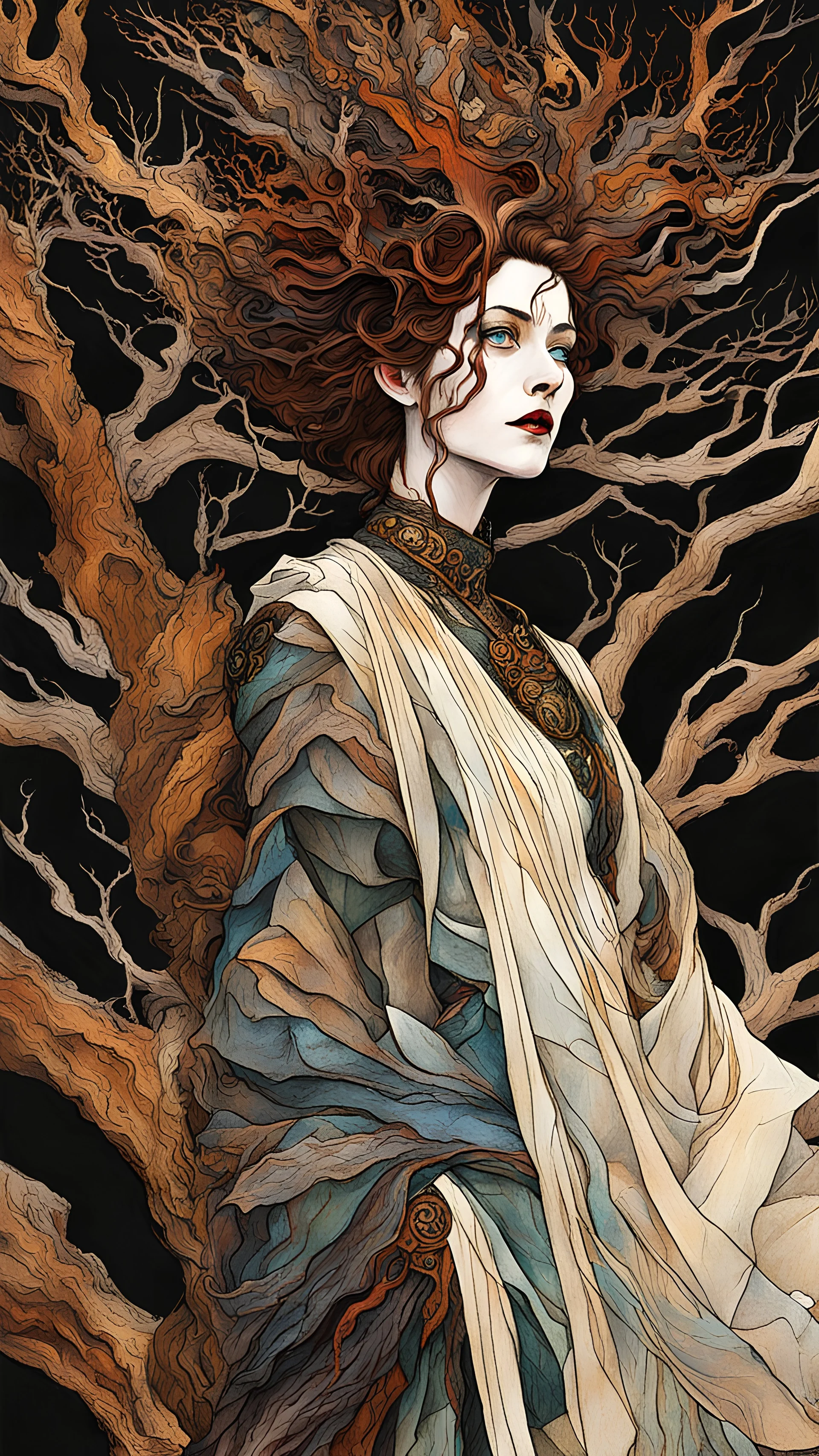 Egon Schiele, Abraham Rattner style abstract expressionist, full body comic book illustration of a pagan druid priestess, bristlecone pine sculpture , dark and dry branches, harmony, intricately detailed, highly detailed facial features, ethereal, elemental, otherworldly, the smell of the ancient essence of eternity in vibrant natural color