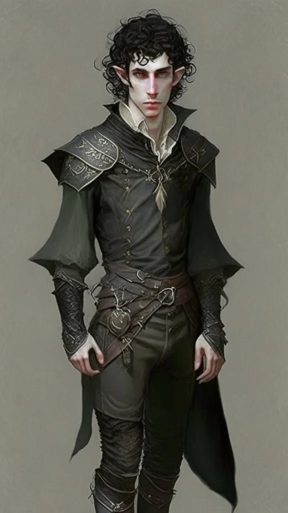 ron koza style, young man elf, he has curly, black hair and sharp cheekbones. His eyes are black. pale skin. He wears fantasy medieval clothes. full body with boots