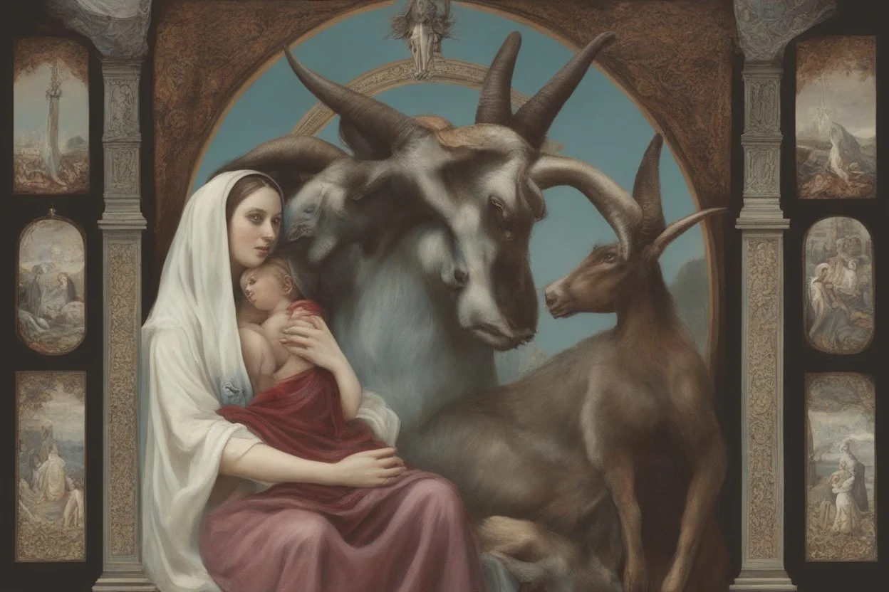 baphomet, attractive woman with head of a goat, holding a human child, chest and neck exposed, virgin mary composition