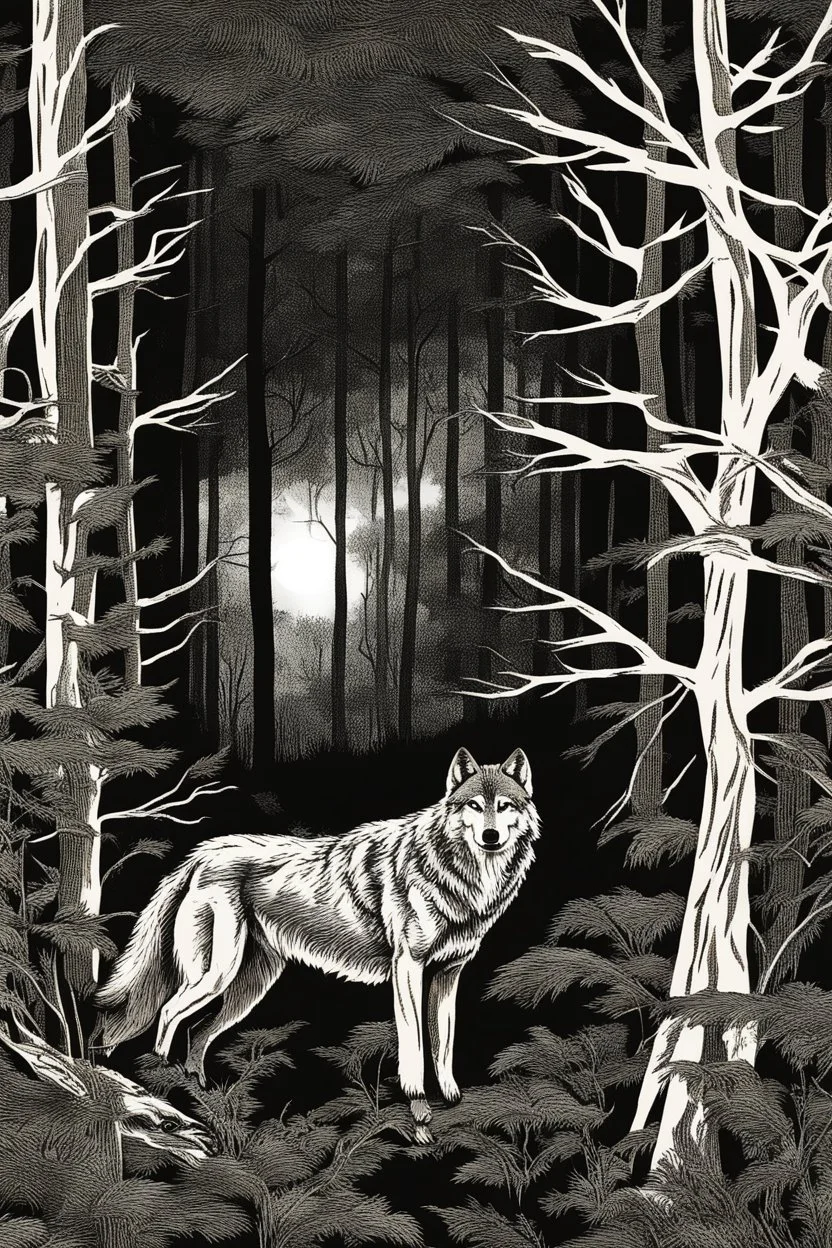 Wolf lurking through a forest. dynamic light, illustration