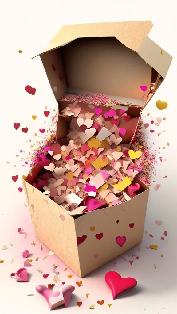 Open box stuffed with love letters, hearts, heart confetti, love explosion, very realistic, detailed, vibrant colors.