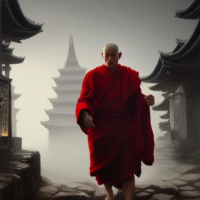 Portrait of a monk, fog, distant Asian temple, profile, grim, dark, Frank Frazetta, Greg Rutkowski, hyperdetailed, dnd, trending on Artstation, Splash screen art, dynamic lighting, hyperdetailed, intricately detailed, a masterpiece, 8k resolution, high contrast, bearded, red robe,