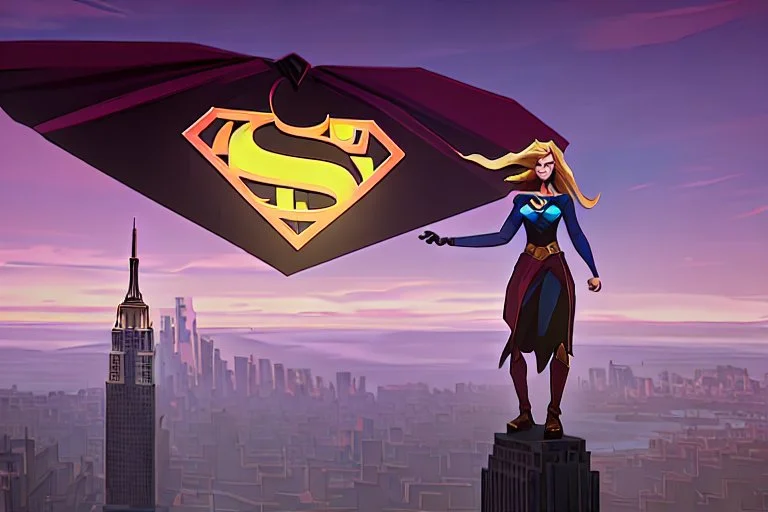 Supergirl holding overhead a giant Bitcoin atop of the Empire State Building.