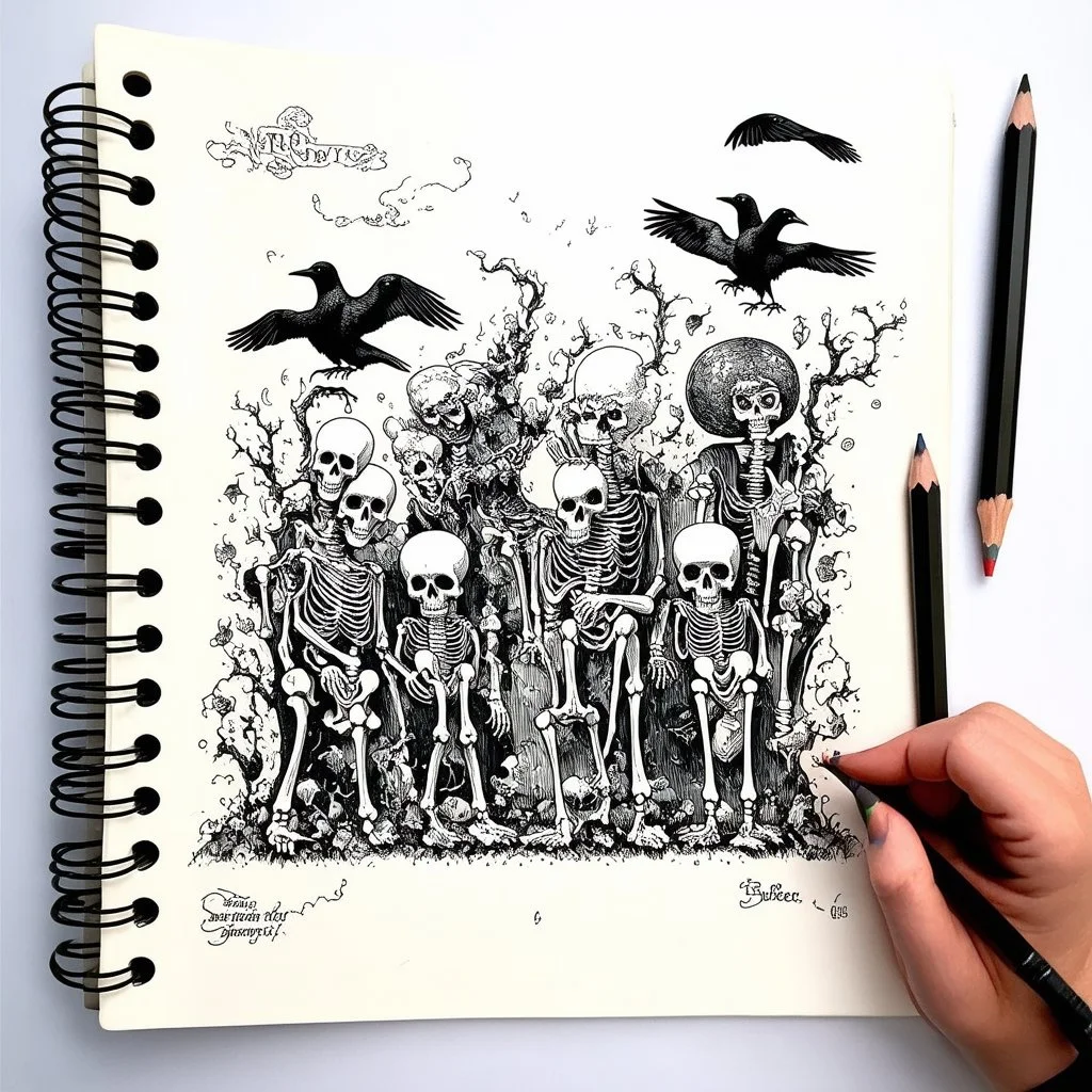 color pencil hand doodle sketch on a spiral binded notebook page, chaotic macabre cemetery scene with wacky skeletons and crows in the style of Edward Gorey and Os Gemeos, maximalism