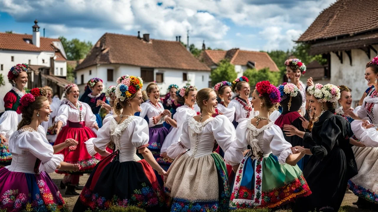 hungarian village wedding, group of women dancing in authentic Hungarian sárköz colorful folk dress with flowers shapes , high realistic, high qulity, detailed, happy, stunning, perfect photo